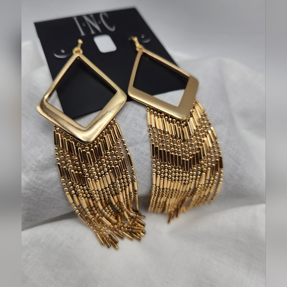 ^ INC Gold-Tone Chain Fringe Chandelier Earrings, - Picture 3 of 5